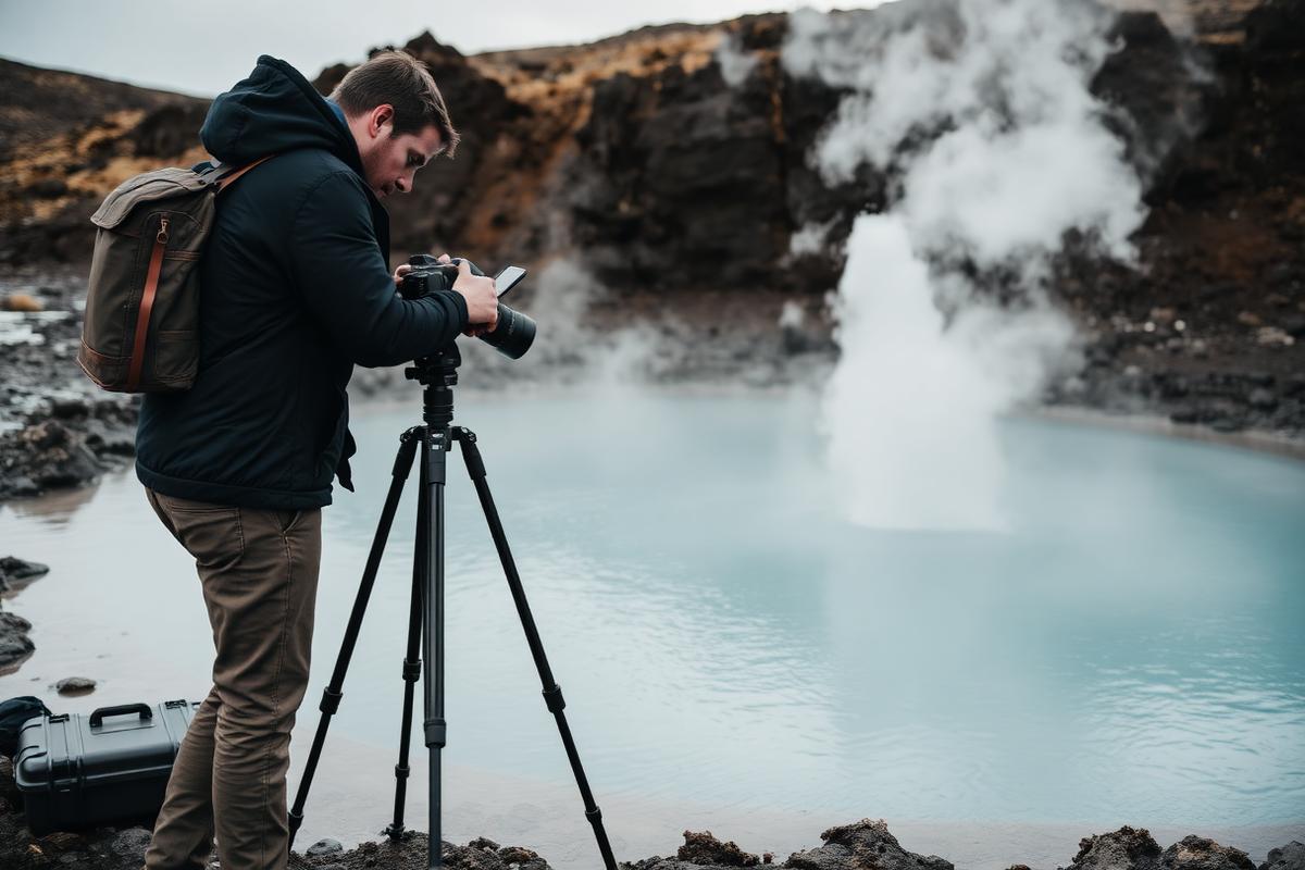 A photographer filming a steaming Icelandic hot spring on a tripod