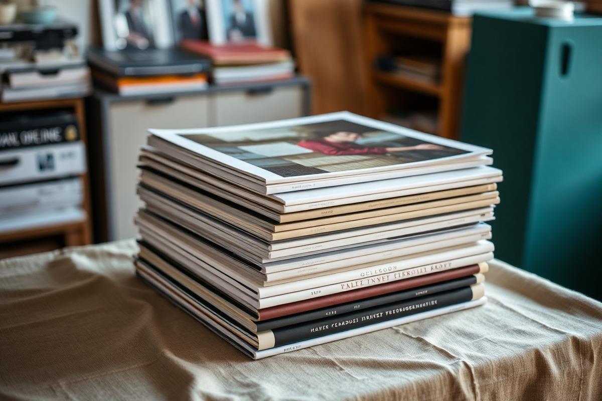 Printed field books stacked on a linen surface